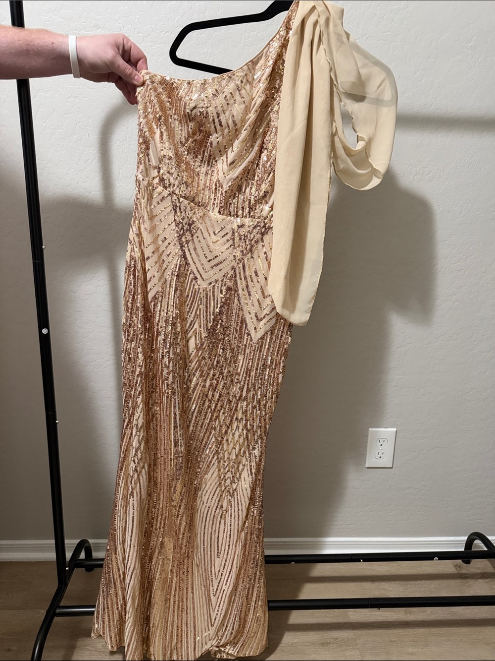 Jovani Champagne and Gold One-Shoulder Sequin Gown